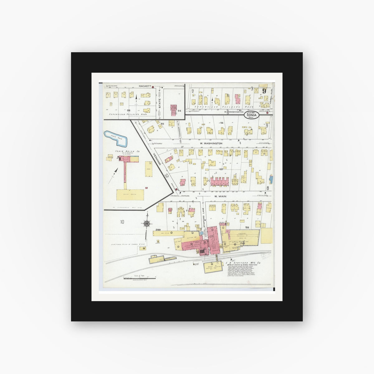 Old map wall art mockup — black gallery frame with white mat — Sanborn Fire Insurance Map from Ionia, Ionia County, Michigan (1920), Sheet #0009