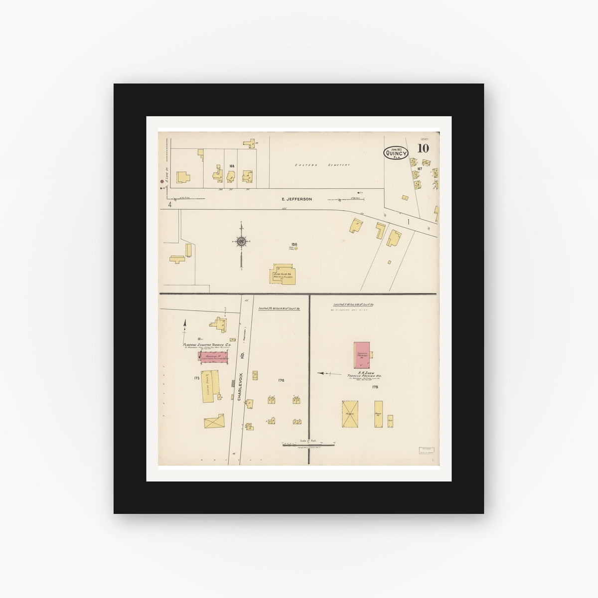 Old map wall art mockup — black gallery frame with white mat — Sanborn Fire Insurance Map from Quincy, Gadsden County, Florida (1922), Sheet #0010