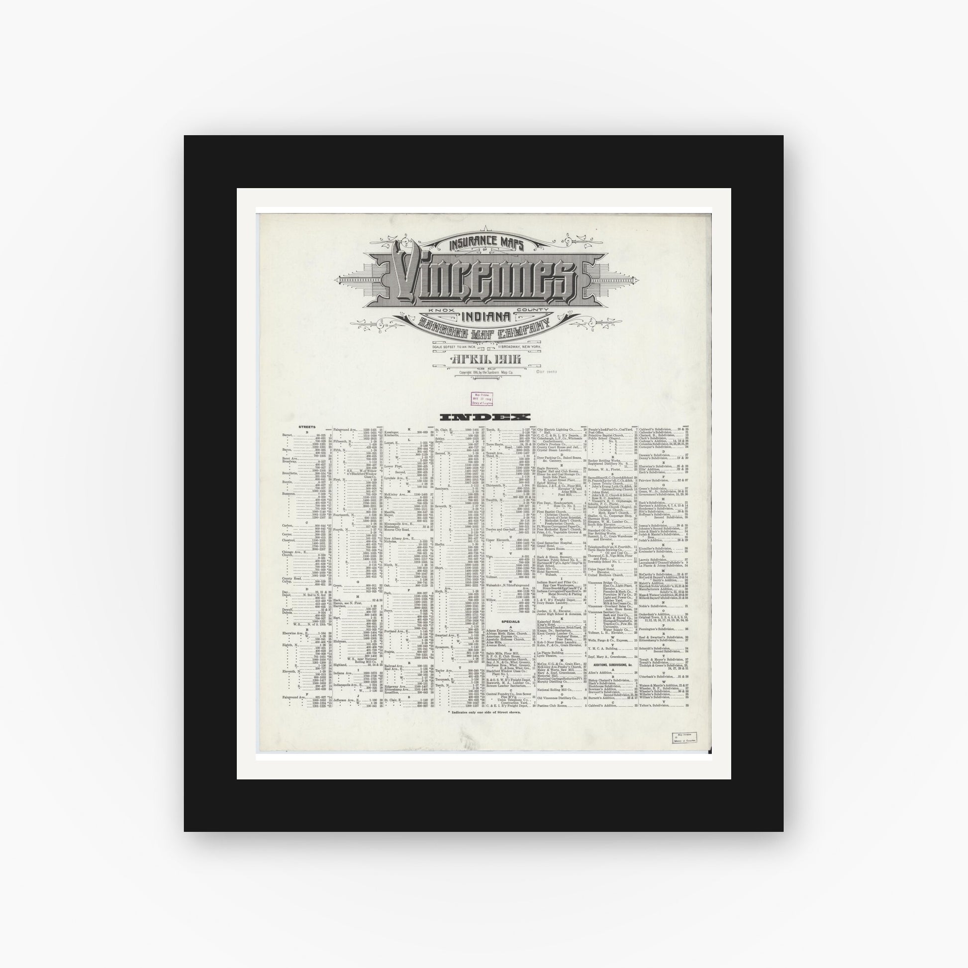 Old map wall art mockup — black gallery frame with white mat — Sanborn Fire Insurance Map from Vincennes, Knox County, Indiana (1916), Sheet #0001