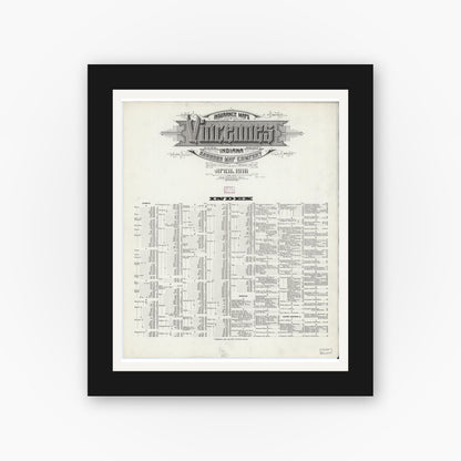 Old map wall art mockup — black gallery frame with white mat — Sanborn Fire Insurance Map from Vincennes, Knox County, Indiana (1916), Sheet #0001