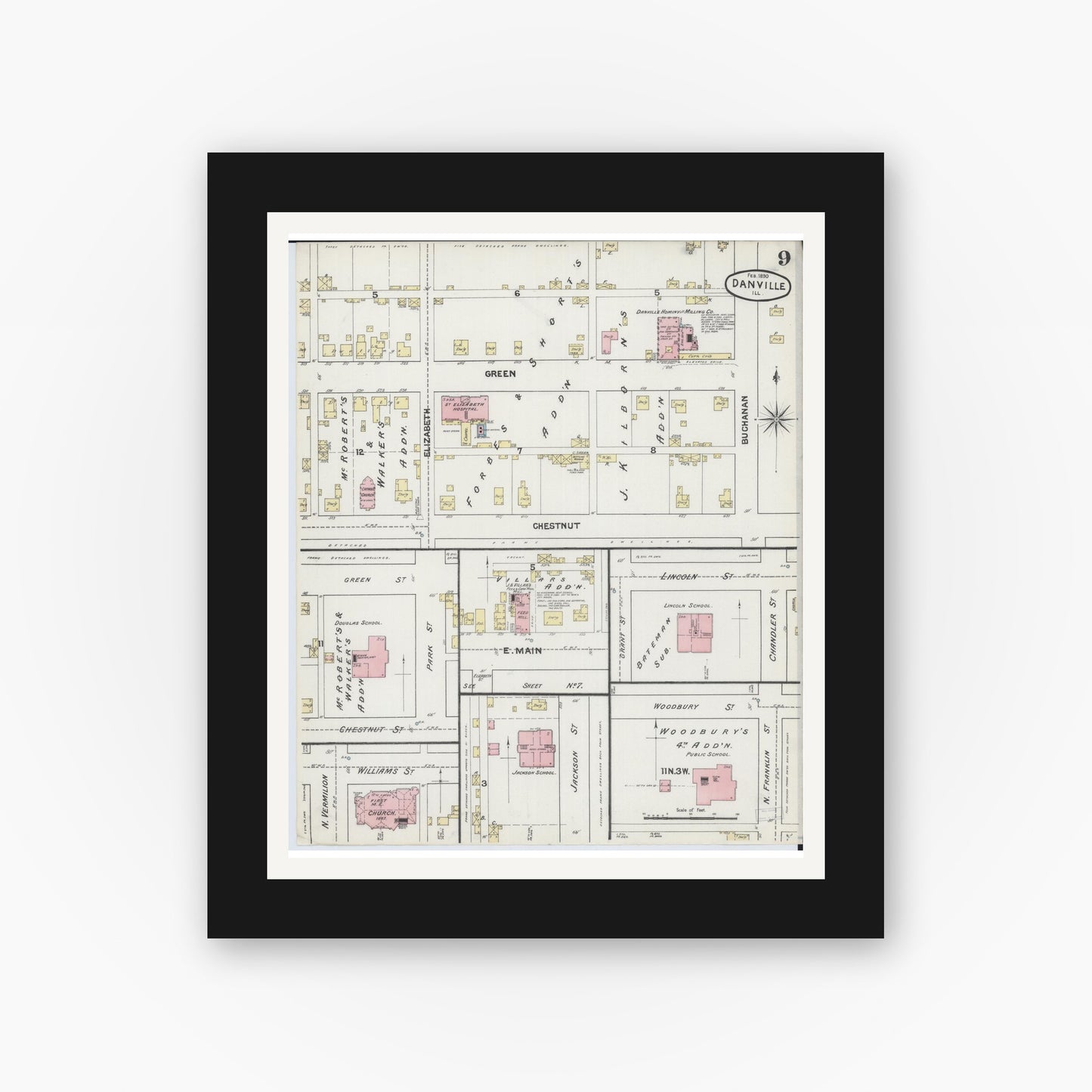 Old map wall art mockup — black gallery frame with white mat — Sanborn Fire Insurance Map from Danville, Vermilion County, Illinois (1890), Sheet #0009
