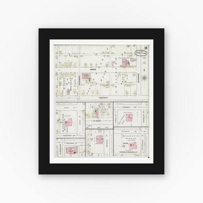 Old map wall art mockup — black gallery frame with white mat — Sanborn Fire Insurance Map from Danville, Vermilion County, Illinois (1890), Sheet #0009