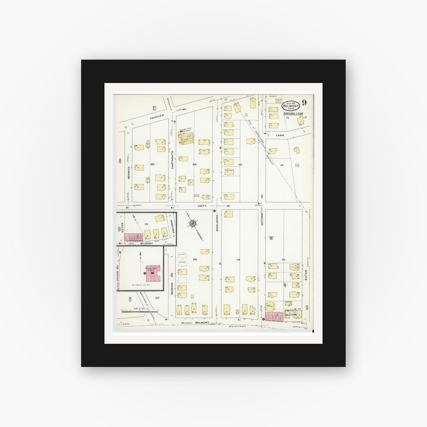 Old map wall art mockup — black gallery frame with white mat — Sanborn Fire Insurance Map from Belmont, Middlesex County, Massachusetts (1910), Sheet #0009