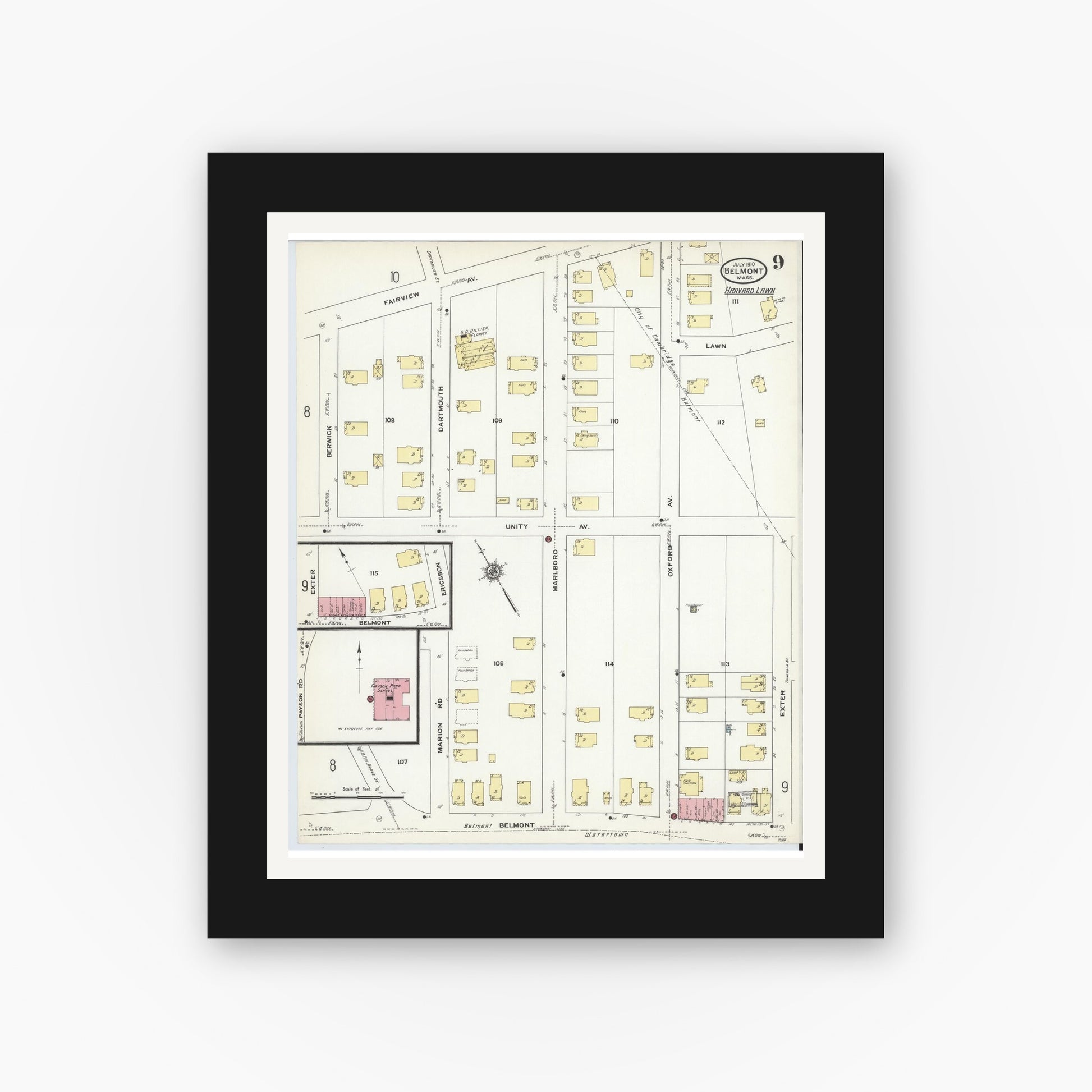 Old map wall art mockup — black gallery frame with white mat — Sanborn Fire Insurance Map from Belmont, Middlesex County, Massachusetts (1910), Sheet #0009