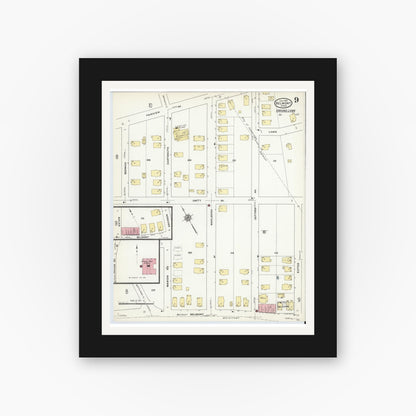 Old map wall art mockup — black gallery frame with white mat — Sanborn Fire Insurance Map from Belmont, Middlesex County, Massachusetts (1910), Sheet #0009