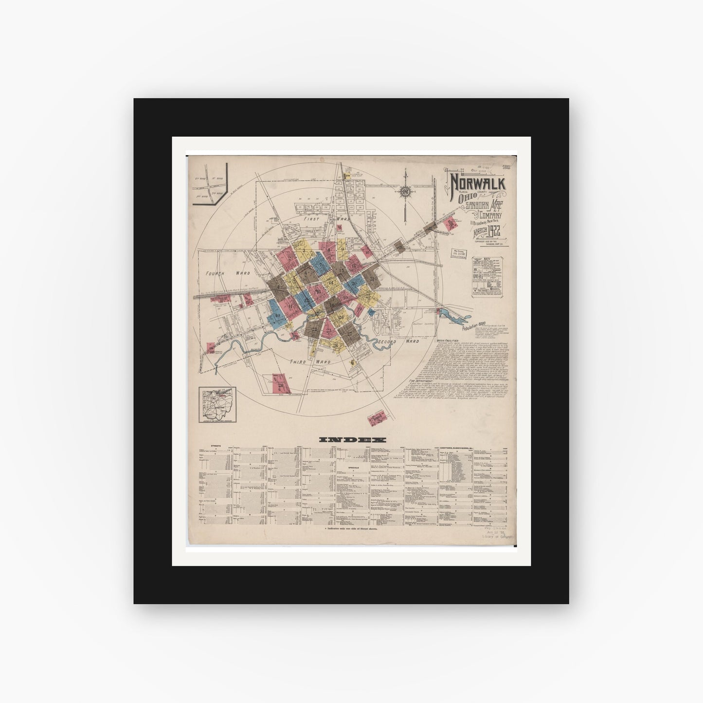 Old map wall art mockup — black gallery frame with white mat — Sanborn Fire Insurance Map from Norwalk, Huron County, Ohio (1922), Sheet #0001