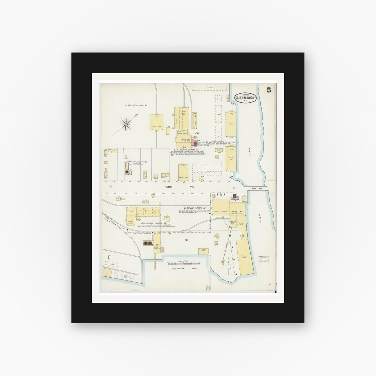 Old map wall art mockup — black gallery frame with white mat — Sanborn Fire Insurance Map from Elizabeth City, Pasquotank County, North Carolina (1896), Sheet #0005
