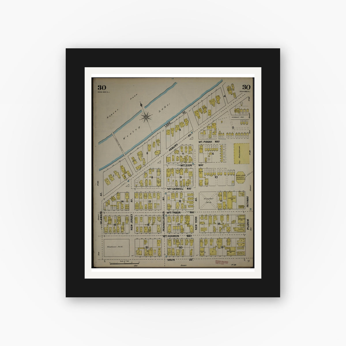 Old map wall art mockup — black gallery frame with white mat — Sanborn Fire Insurance Map from New Jersey Coast, New Jersey Coast, New Jersey (1890), Sheet #0030