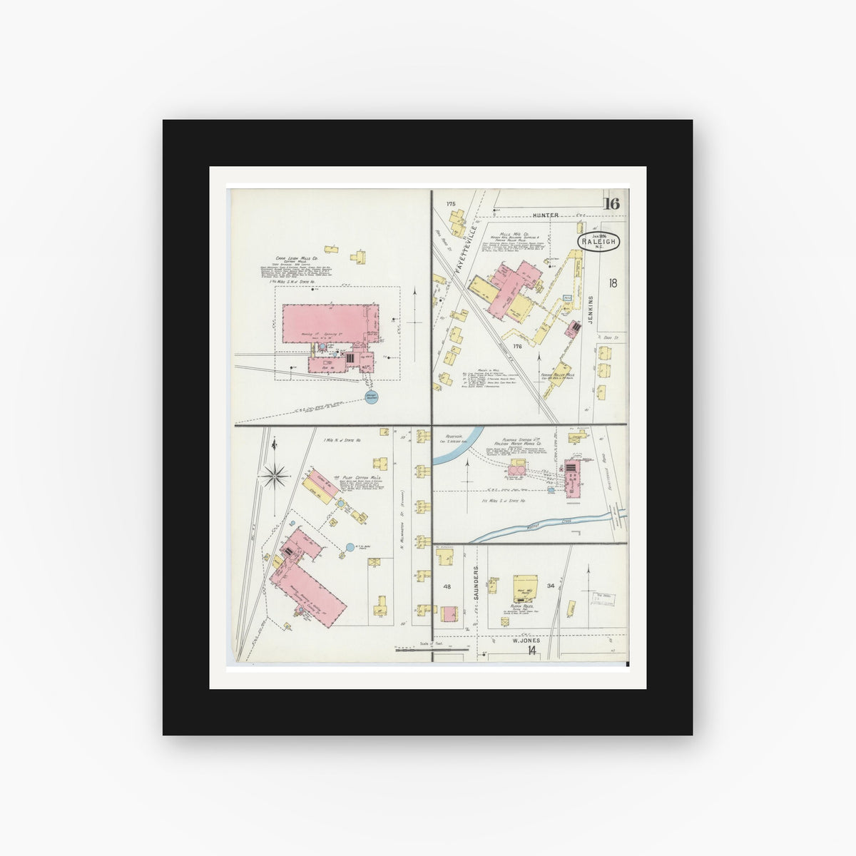 Old map wall art mockup — black gallery frame with white mat — Sanborn Fire Insurance Map from Raleigh, Wake County, North Carolina (1896), Sheet #0016