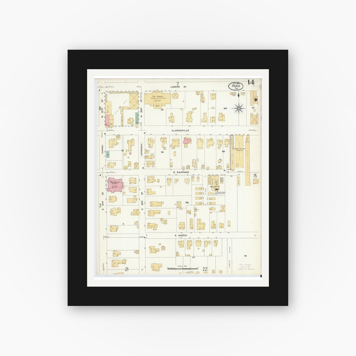 Old map wall art mockup — black gallery frame with white mat — Sanborn Fire Insurance Map from Paris, Lamar County, Texas (1908), Sheet #0014