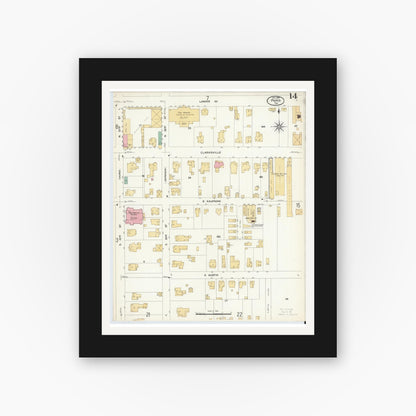 Old map wall art mockup — black gallery frame with white mat — Sanborn Fire Insurance Map from Paris, Lamar County, Texas (1908), Sheet #0014