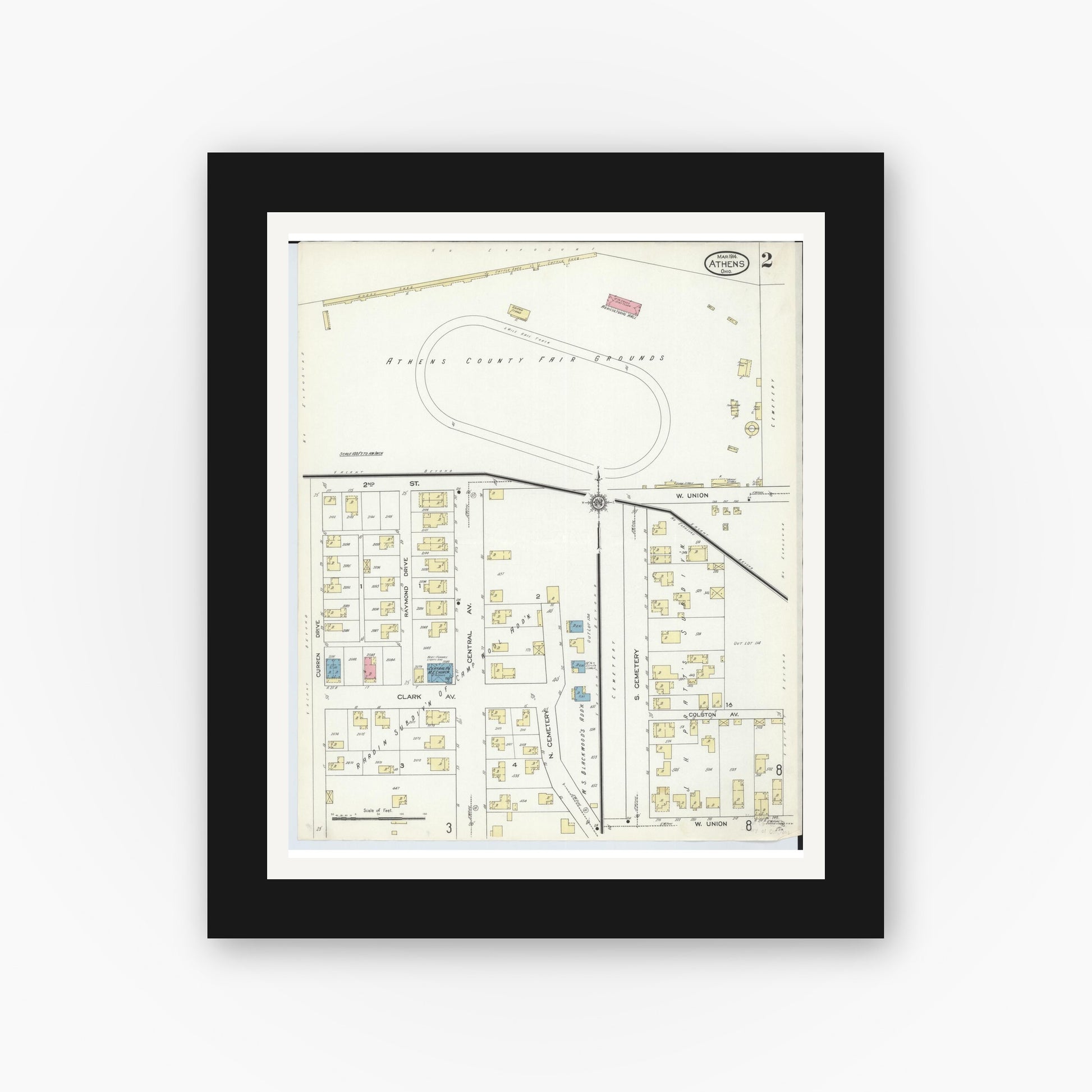 Old map wall art mockup — black gallery frame with white mat — Sanborn Fire Insurance Map from Athens, Athens County, Ohio (1914), Sheet #0002