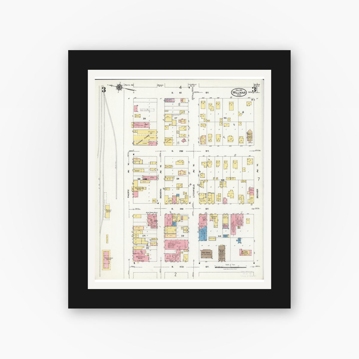 Old map wall art mockup — black gallery frame with white mat — Sanborn Fire Insurance Map from Willmar, Kandiyohi County, Minnesota (1925), Sheet #0003