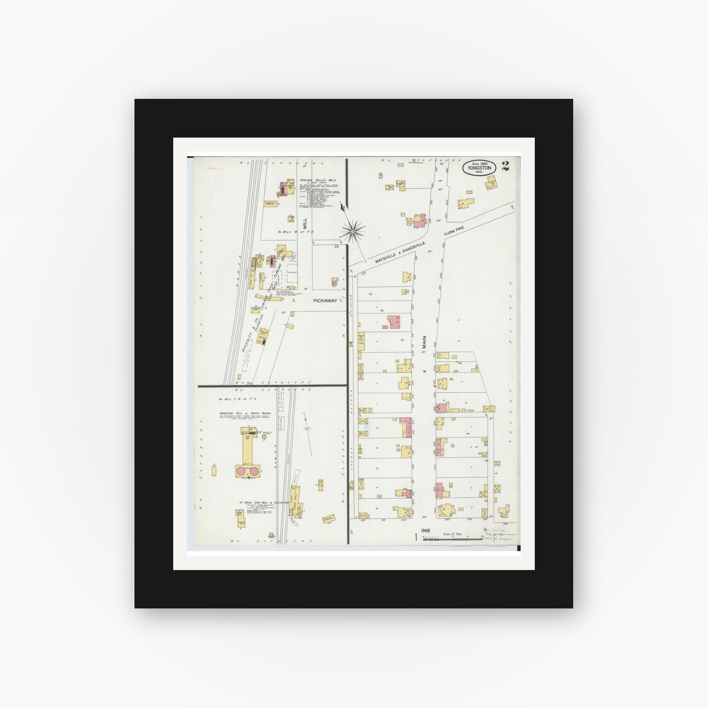 Old map wall art mockup — black gallery frame with white mat — Sanborn Fire Insurance Map from Kingston, Ross County, Ohio (1900), Sheet #0002
