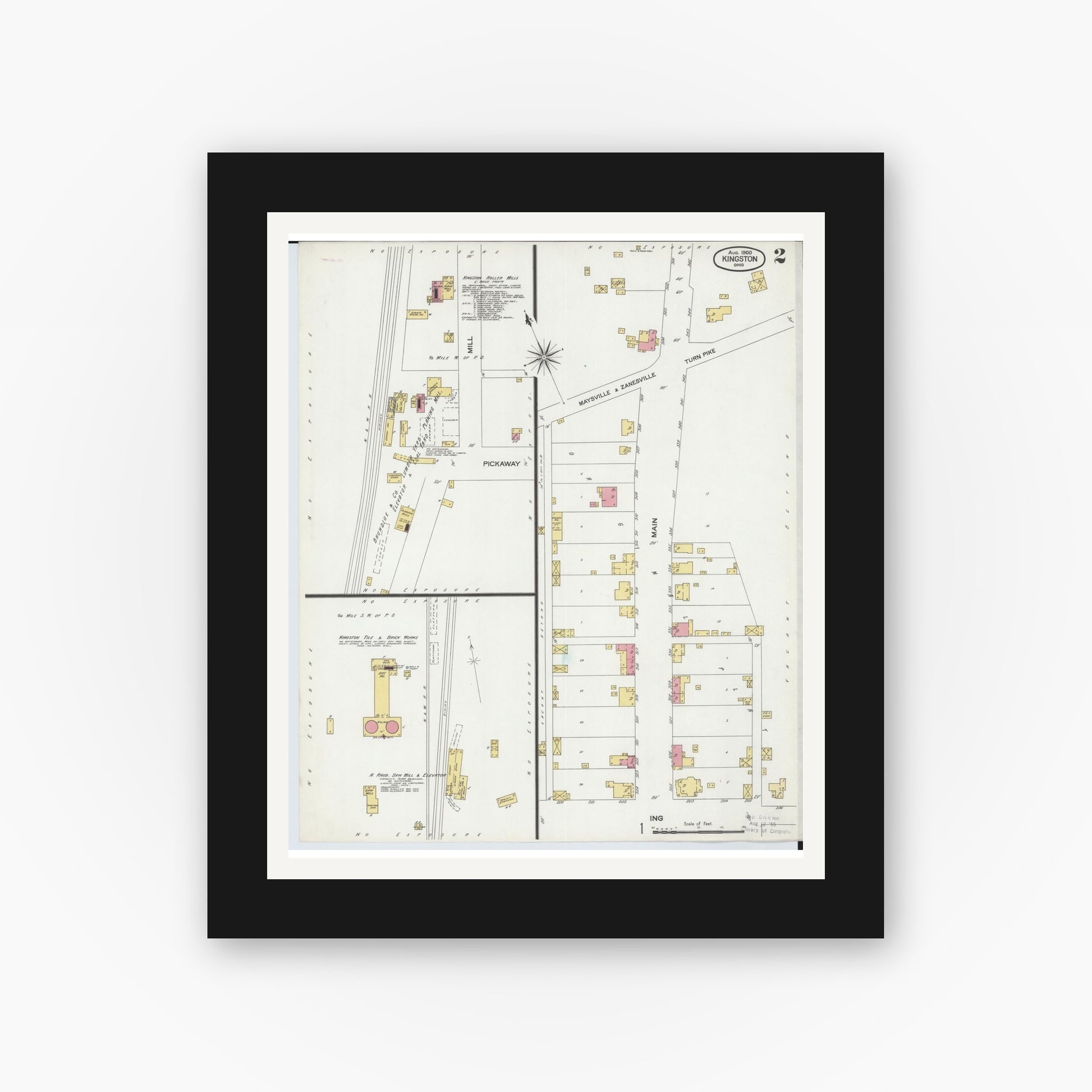 Old map wall art mockup — black gallery frame with white mat — Sanborn Fire Insurance Map from Kingston, Ross County, Ohio (1900), Sheet #0002