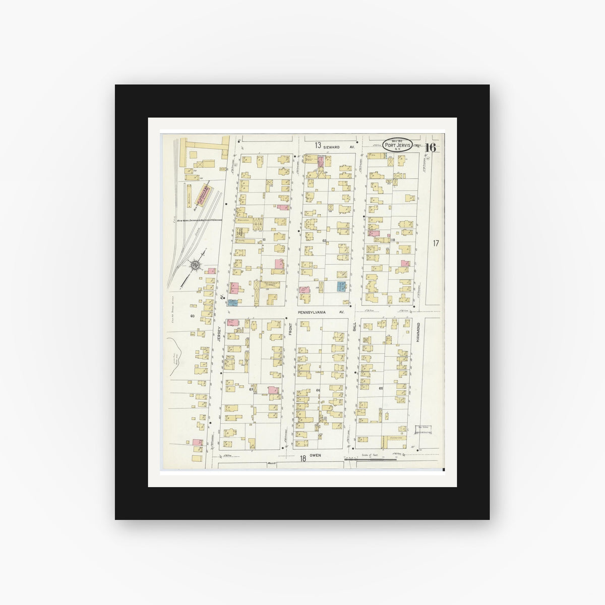 Old map wall art mockup — black gallery frame with white mat — Sanborn Fire Insurance Map from Port Jervis, Orange County, New York (1912), Sheet #0016