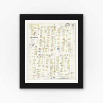 Old map wall art mockup — black gallery frame with white mat — Sanborn Fire Insurance Map from Port Jervis, Orange County, New York (1912), Sheet #0016