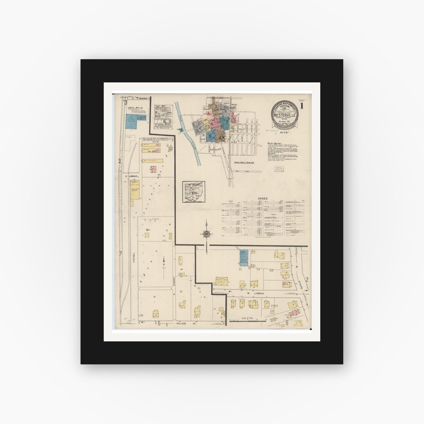Old map wall art mockup — black gallery frame with white mat — Sanborn Fire Insurance Map from Westerville, Franklin County, Ohio (1922), Sheet #0001
