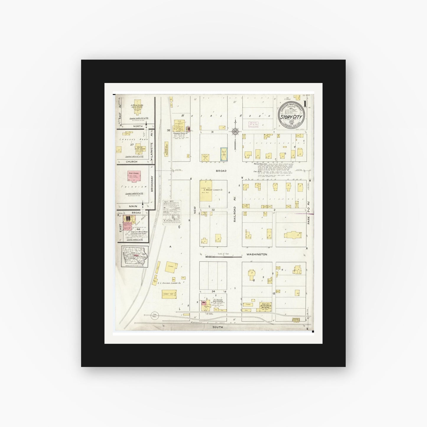 Old map wall art mockup — black gallery frame with white mat — Sanborn Fire Insurance Map from Story City, Story County, Iowa (1916), Sheet #0001