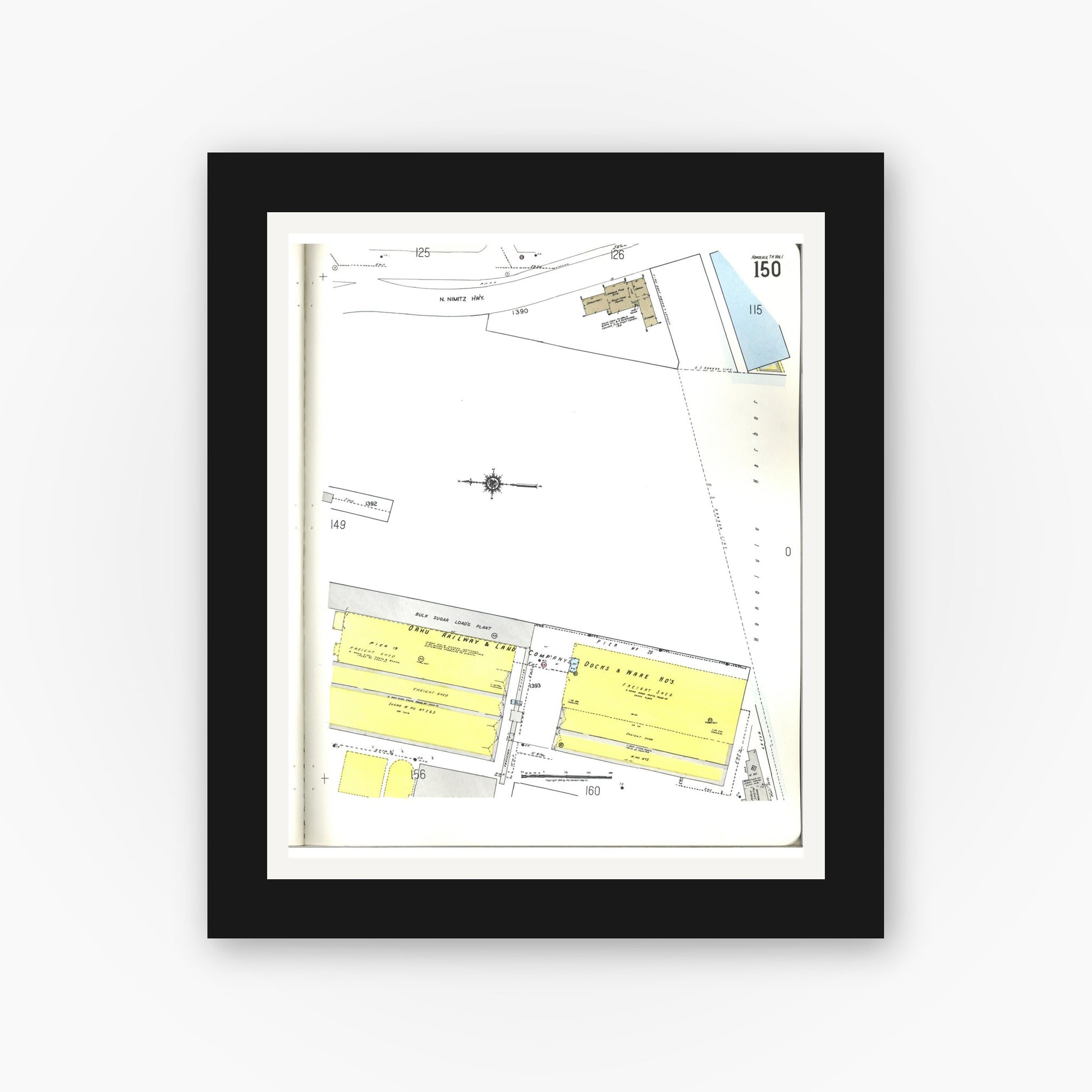 Old map wall art mockup — black gallery frame with white mat — Sanborn Fire Insurance Map from Honolulu, Oahu County, Hawaii (1955), Sheet #0150