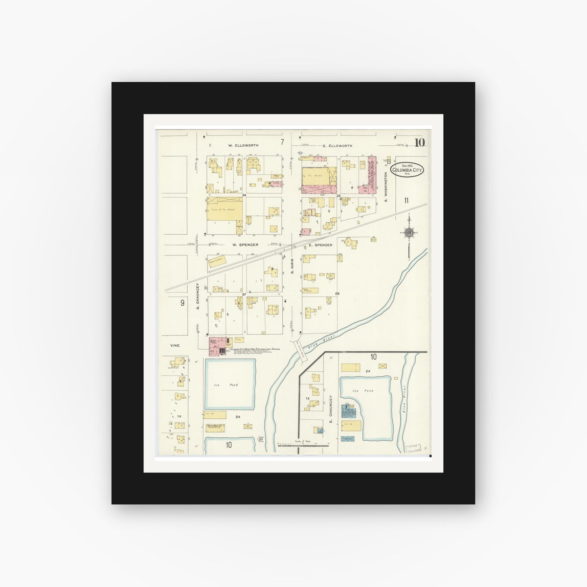 Old map wall art mockup — black gallery frame with white mat — Sanborn Fire Insurance Map from Columbia City, Whitley County, Indiana (1910), Sheet #0010