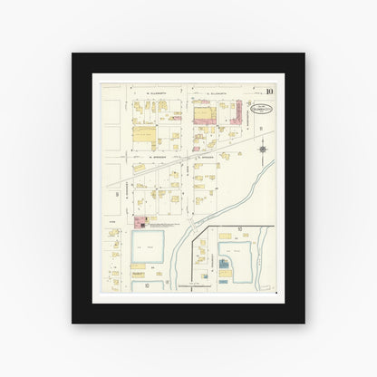 Old map wall art mockup — black gallery frame with white mat — Sanborn Fire Insurance Map from Columbia City, Whitley County, Indiana (1910), Sheet #0010