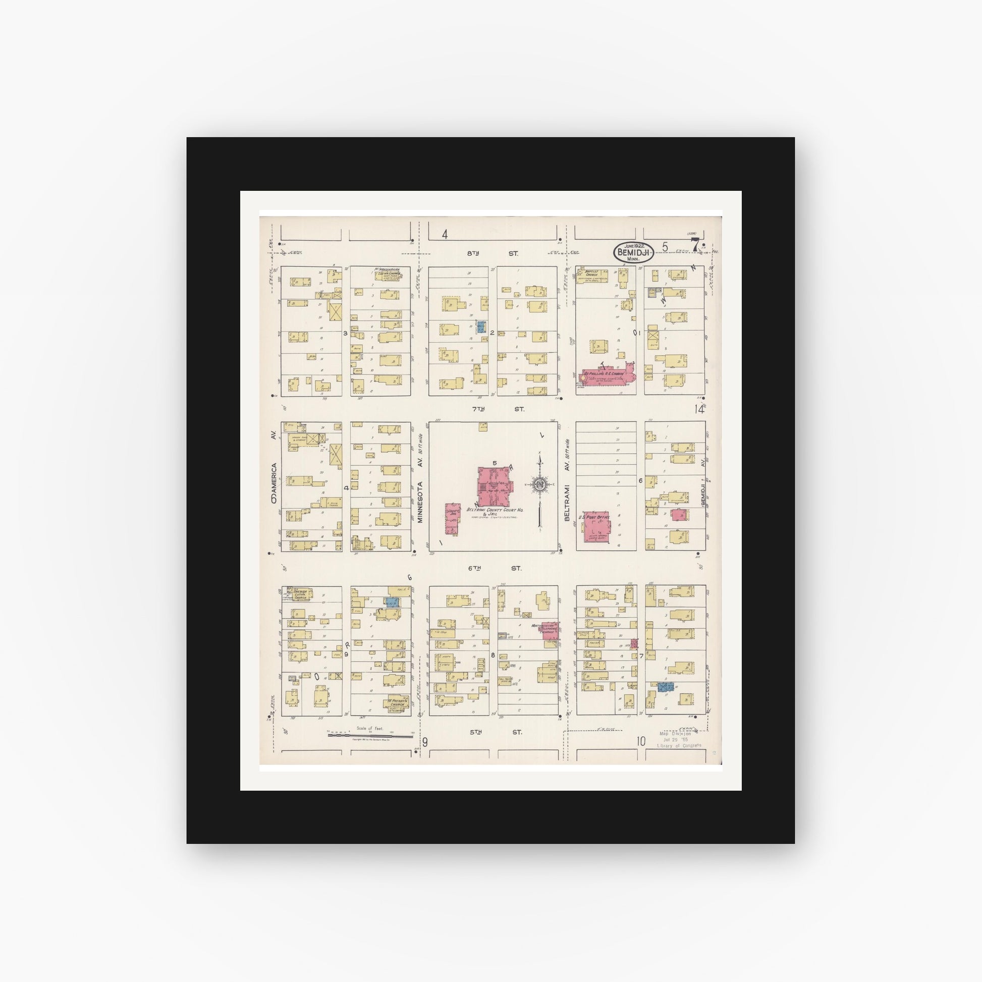 Old map wall art mockup — black gallery frame with white mat — Sanborn Fire Insurance Map from Bemidji, Beltrami County, Minnesota (1922), Sheet #0007
