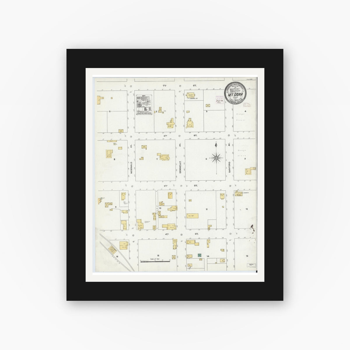 Old map wall art mockup — black gallery frame with white mat — Sanborn Fire Insurance Map from Mount Dora, Lake County, Florida (1906), Sheet #0001