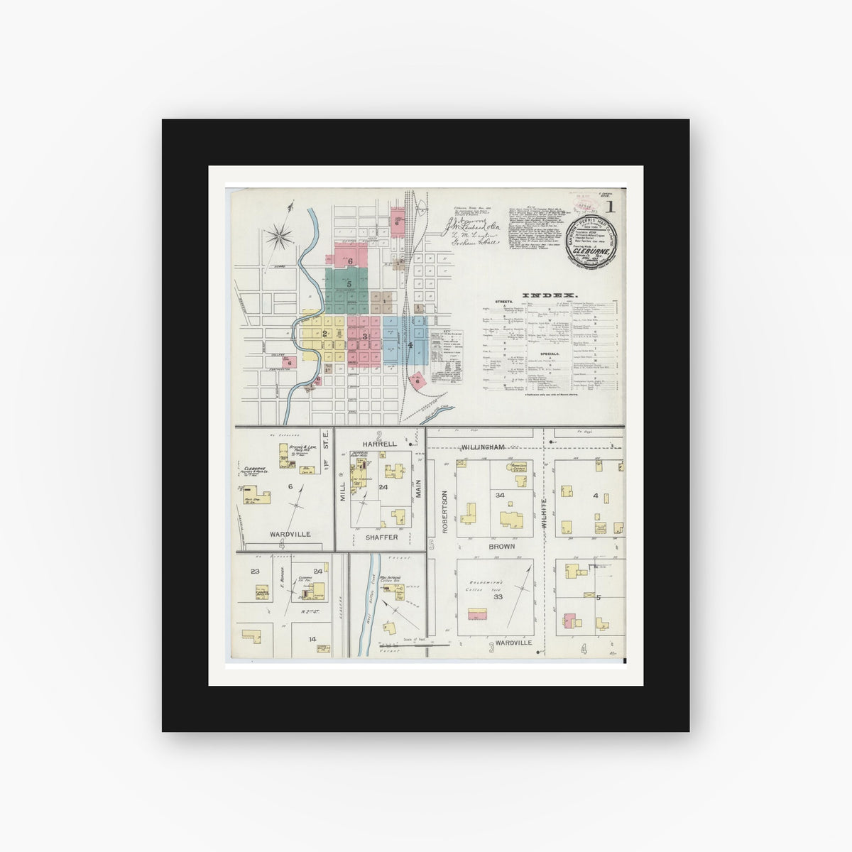 Old map wall art mockup — black gallery frame with white mat — Sanborn Fire Insurance Map from Cleburne, Johnson County, Texas (1893) - Complete Map Set