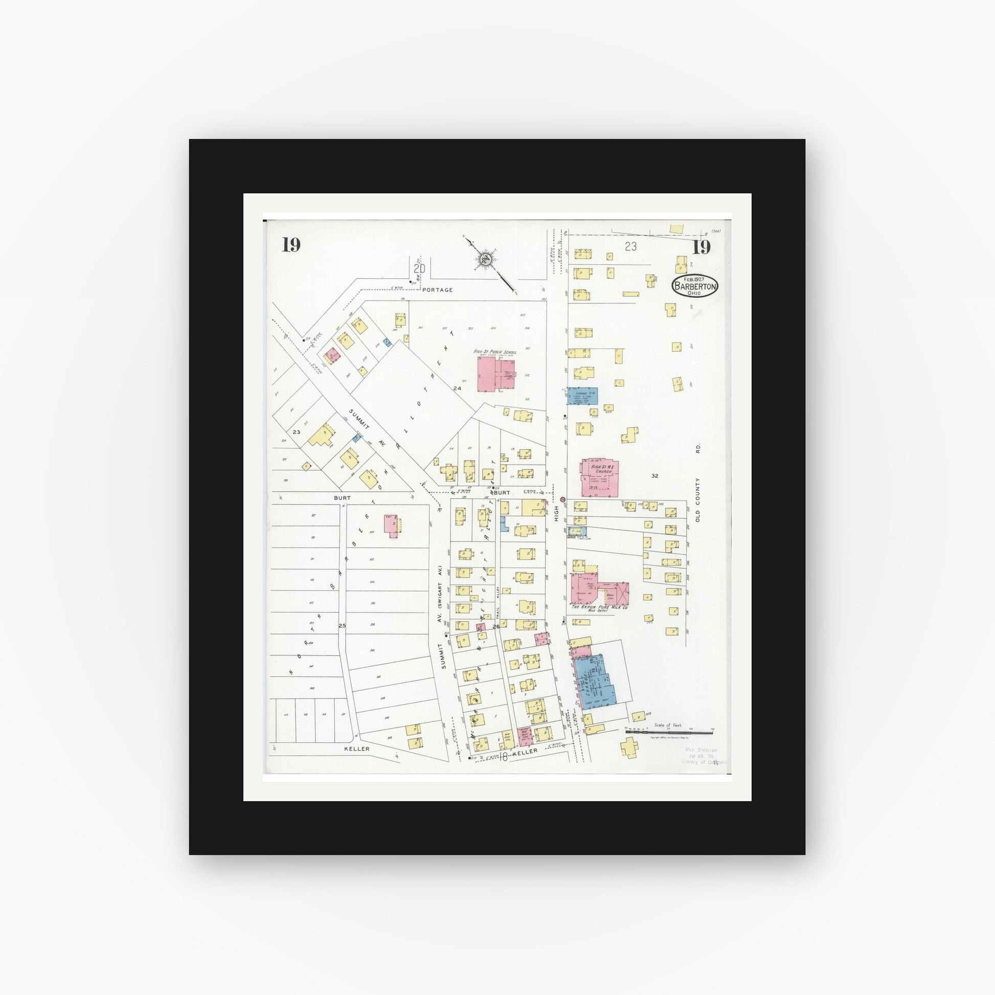 Old map wall art mockup — black gallery frame with white mat — Sanborn Fire Insurance Map from Barberton, Summit County, Ohio (1927), Sheet #0019