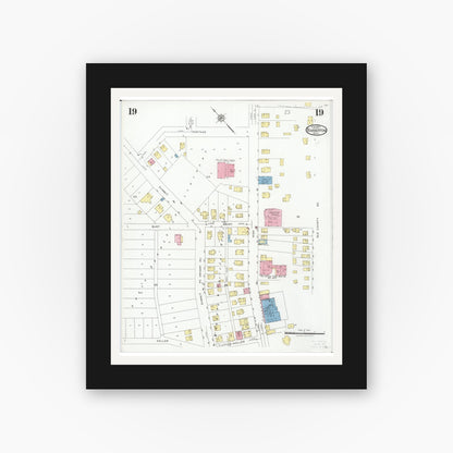 Old map wall art mockup — black gallery frame with white mat — Sanborn Fire Insurance Map from Barberton, Summit County, Ohio (1927), Sheet #0019
