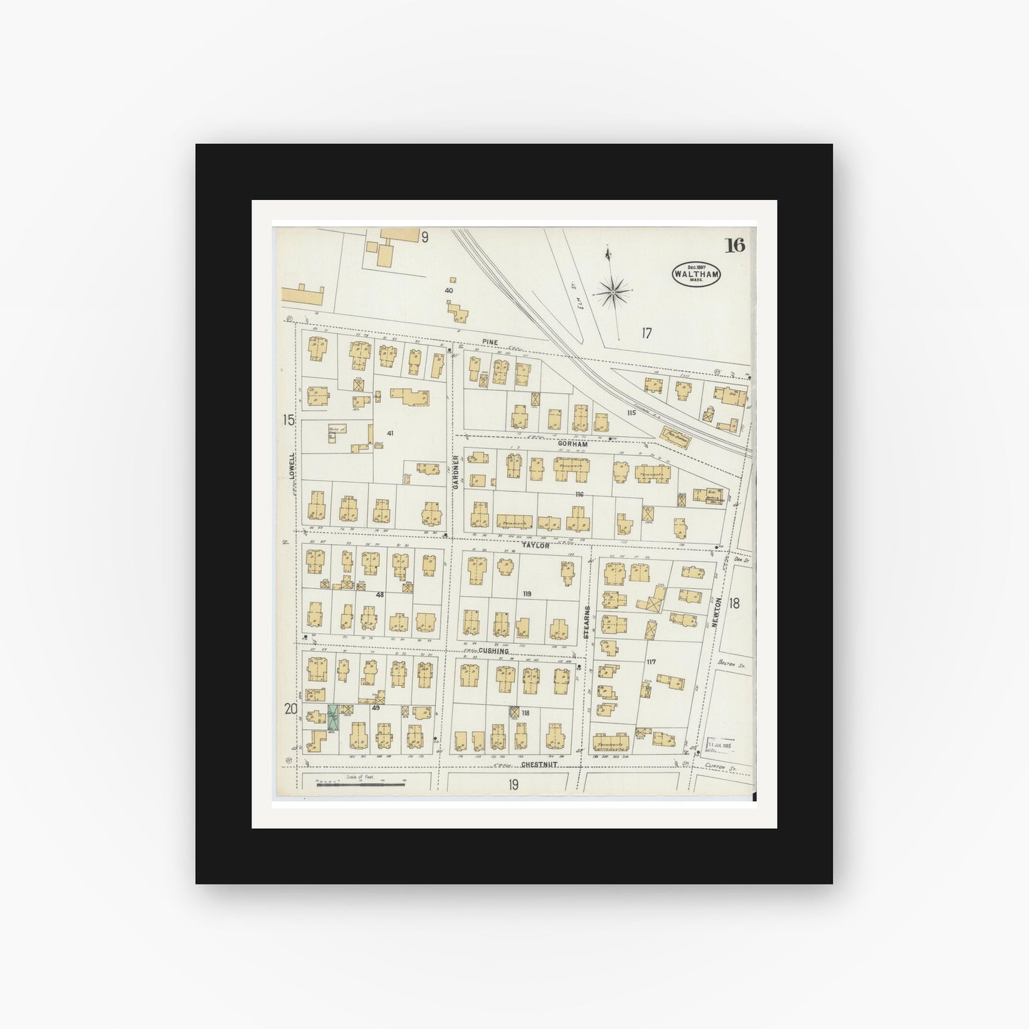 Old map wall art mockup — black gallery frame with white mat — Sanborn Fire Insurance Map from Waltham, Middlesex County, Massachusetts (1897), Sheet #0016