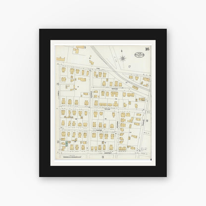 Old map wall art mockup — black gallery frame with white mat — Sanborn Fire Insurance Map from Waltham, Middlesex County, Massachusetts (1897), Sheet #0016