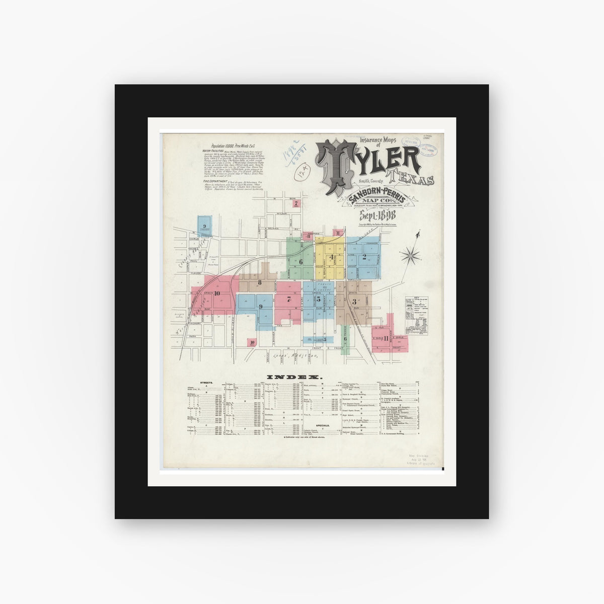 Old map wall art mockup — black gallery frame with white mat — Sanborn Fire Insurance Map from Tyler, Smith County, Texas (1898), Sheet #0001