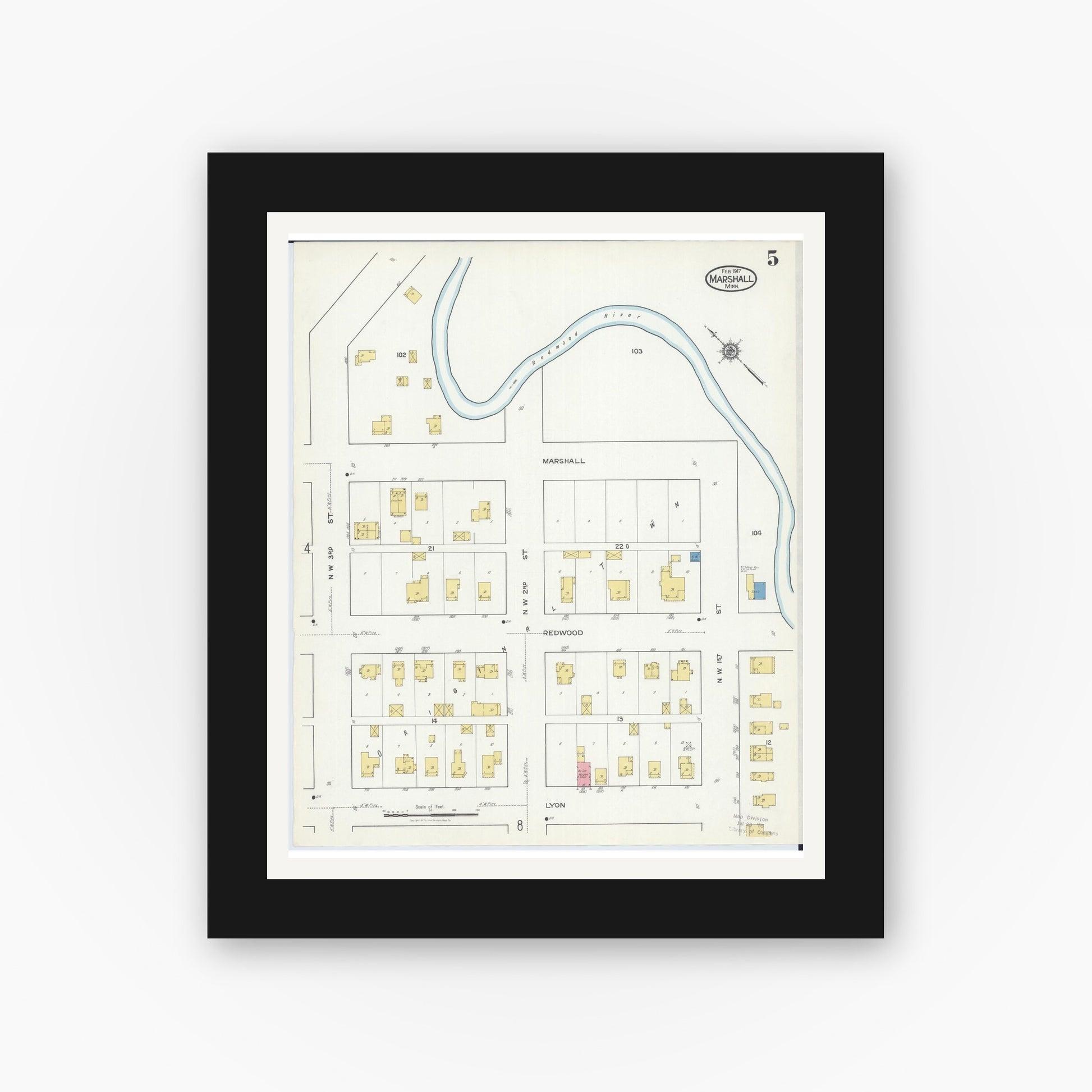 Old map wall art mockup — black gallery frame with white mat — Sanborn Fire Insurance Map from Marshall, Lyon County, Minnesota (1917), Sheet #0005