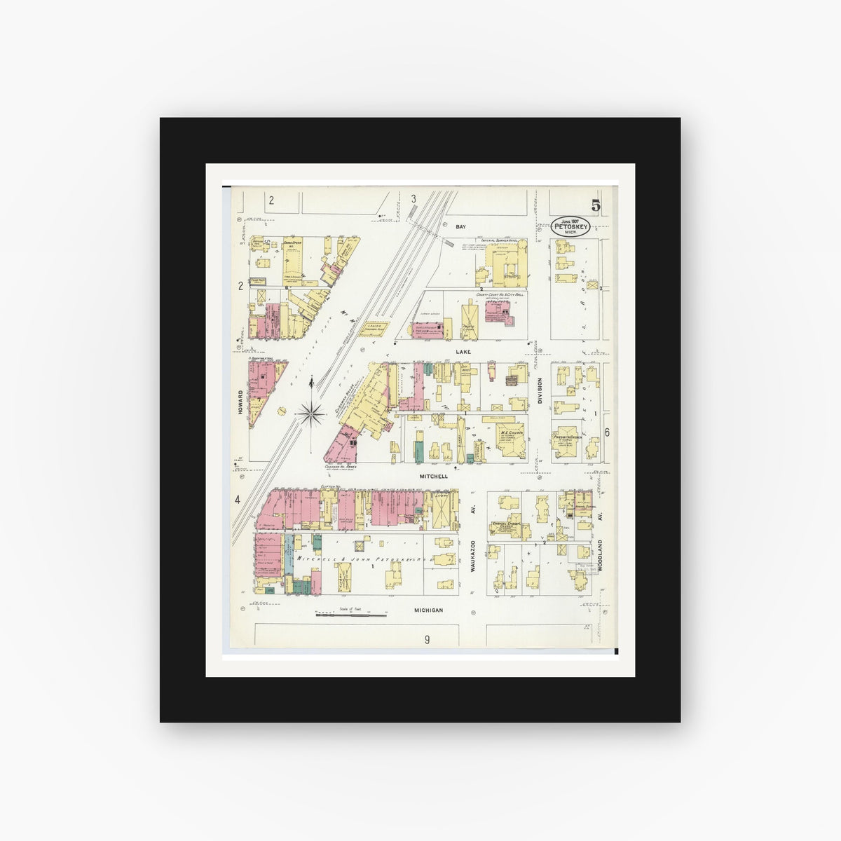 Old map wall art mockup — black gallery frame with white mat — Sanborn Fire Insurance Map from Petoskey, Emmet County, Michigan (1907), Sheet #0005