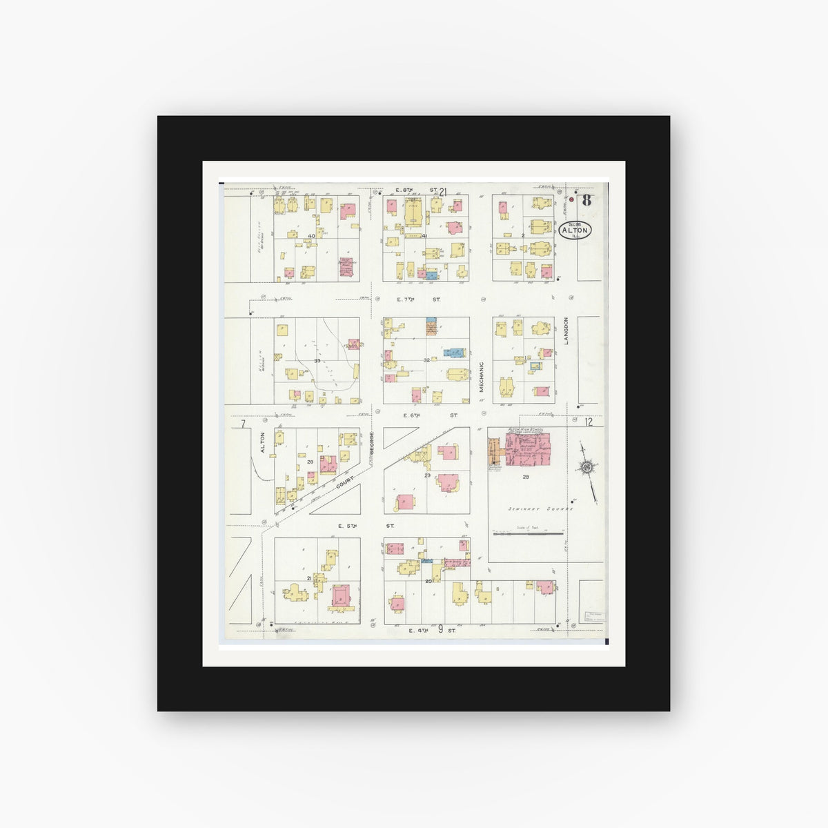 Old map wall art mockup — black gallery frame with white mat — Sanborn Fire Insurance Map from Alton, Madison County, Illinois (1915), Sheet #0008