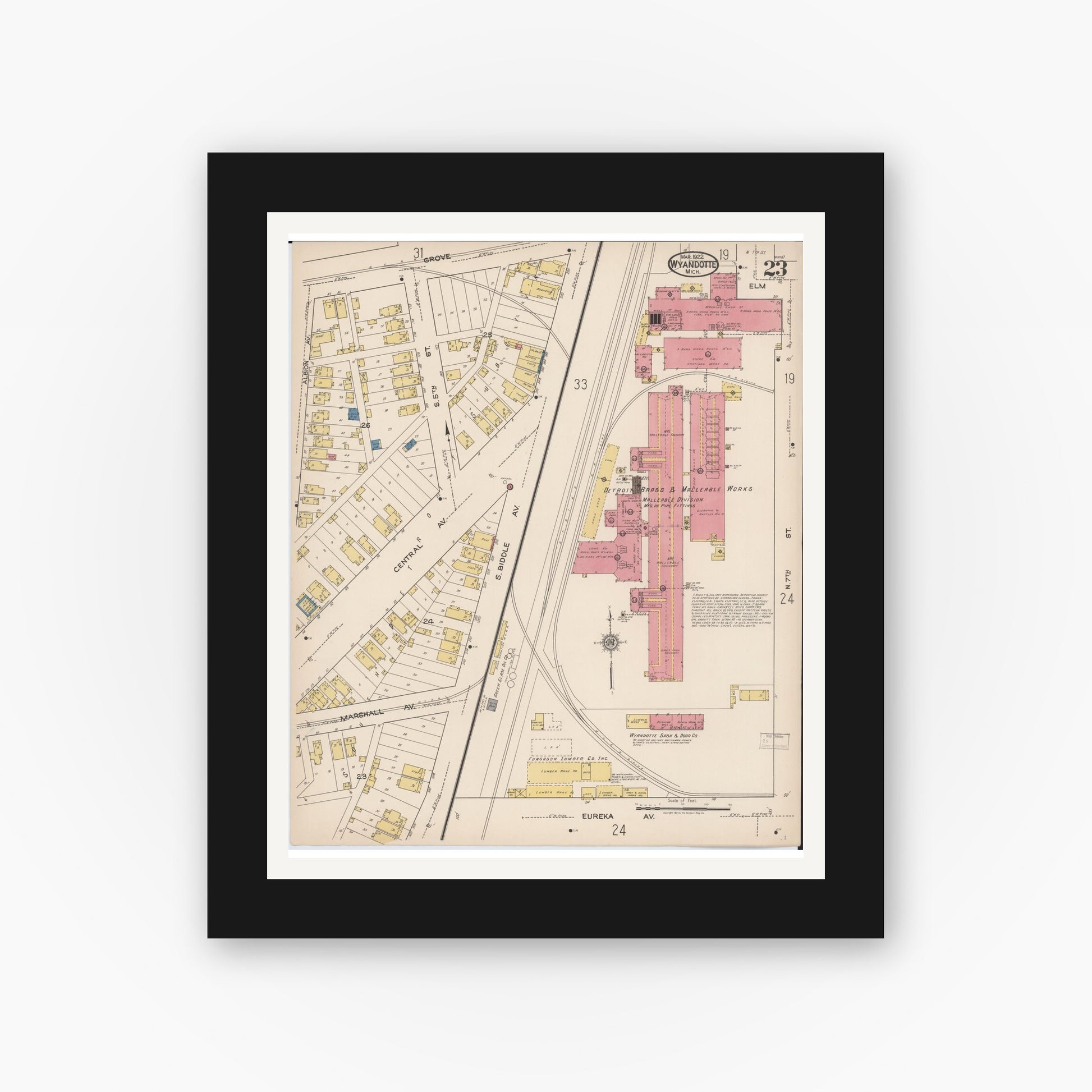 Old map wall art mockup — black gallery frame with white mat — Sanborn Fire Insurance Map from Wyandotte, Wayne County, Michigan (1922), Sheet #0023