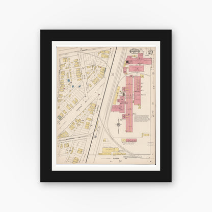 Old map wall art mockup — black gallery frame with white mat — Sanborn Fire Insurance Map from Wyandotte, Wayne County, Michigan (1922), Sheet #0023