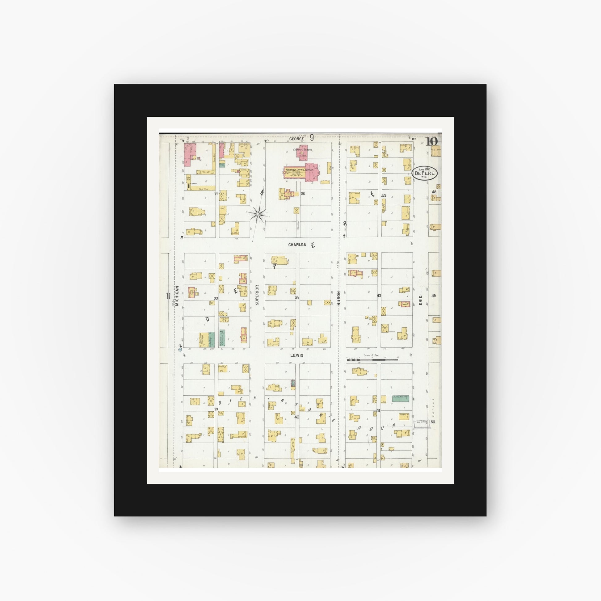 Old map wall art mockup — black gallery frame with white mat — Sanborn Fire Insurance Map from De Pere, Brown County, Wisconsin (1900), Sheet #0010