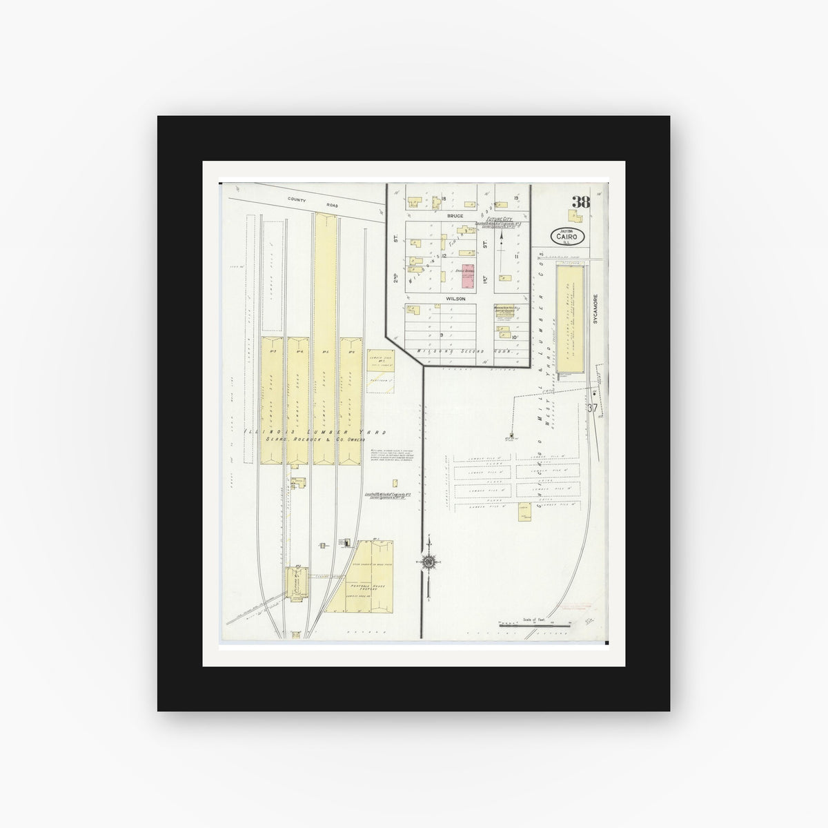 Old map wall art mockup — black gallery frame with white mat — Sanborn Fire Insurance Map from Cairo, Alexander County, Illinois (1914), Sheet #0038