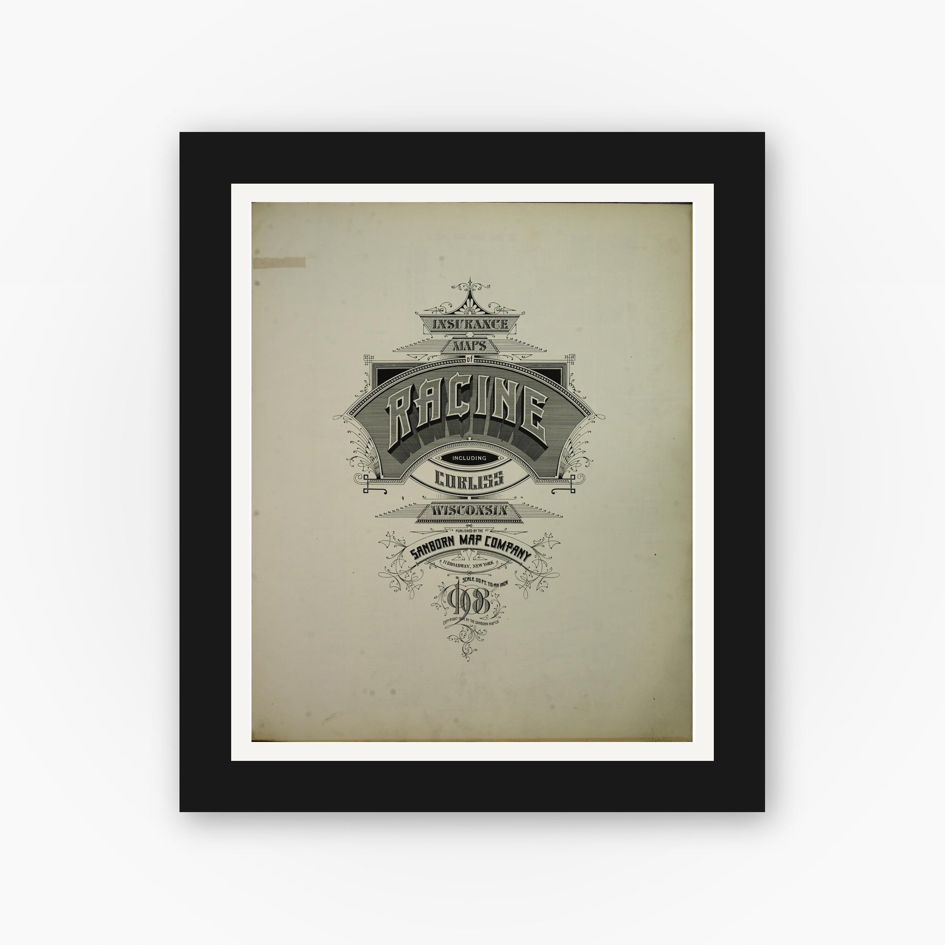 Old map wall art mockup — black gallery frame with white mat — Sanborn Fire Insurance Map from Racine, Racine County, Wisconsin (1908), Sheet #0001
