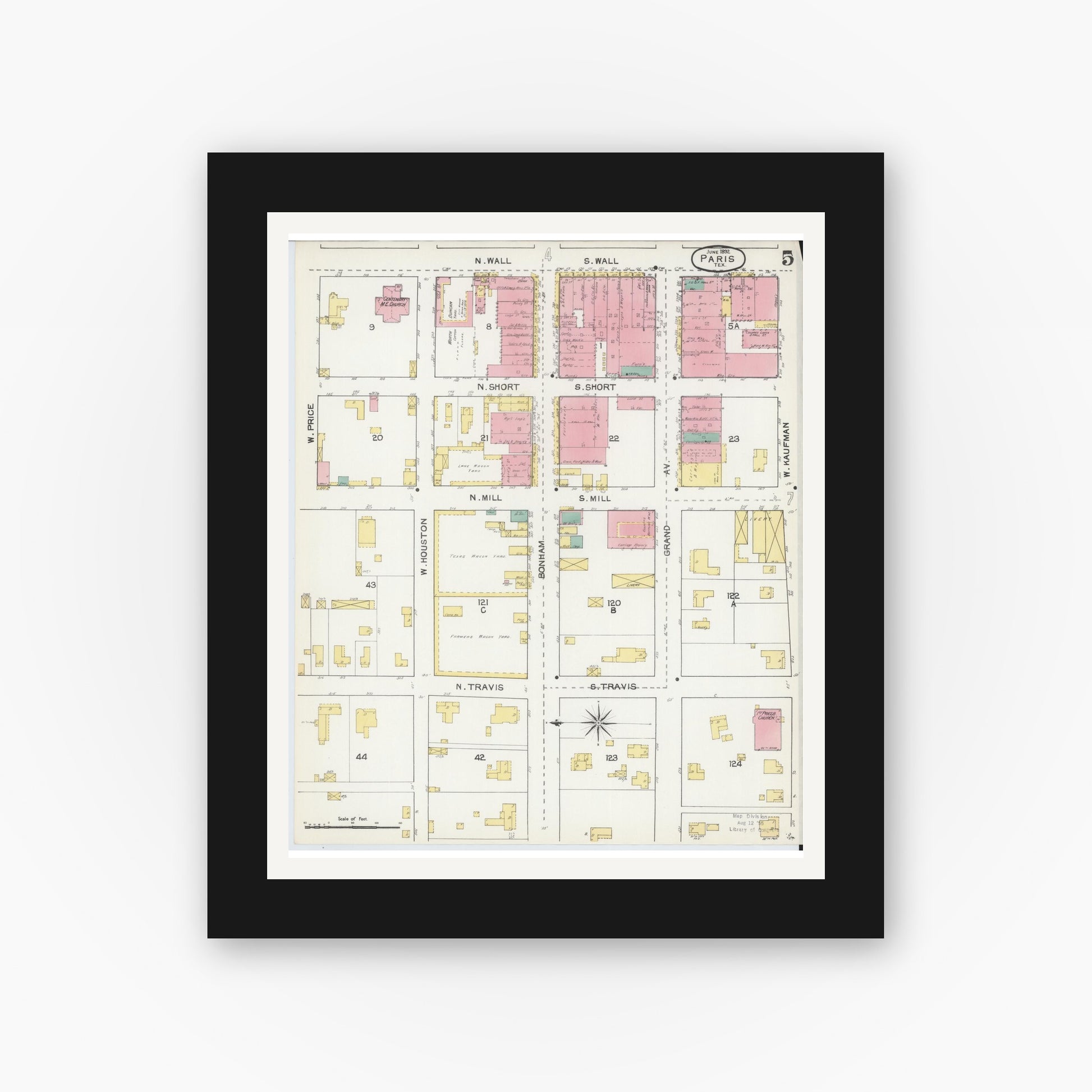 Old map wall art mockup — black gallery frame with white mat — Sanborn Fire Insurance Map from Paris, Lamar County, Texas (1892), Sheet #0005