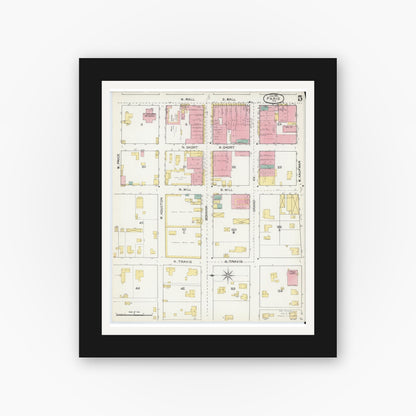 Old map wall art mockup — black gallery frame with white mat — Sanborn Fire Insurance Map from Paris, Lamar County, Texas (1892), Sheet #0005
