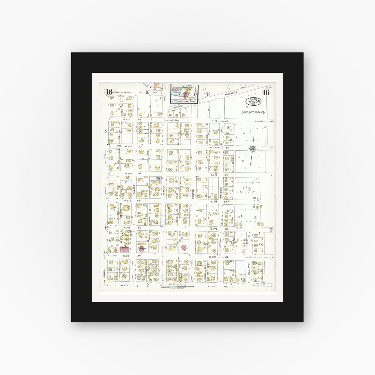 Old map wall art mockup — black gallery frame with white mat — Sanborn Fire Insurance Map from Taylor, Williamson County, Texas (1923), Sheet #0016