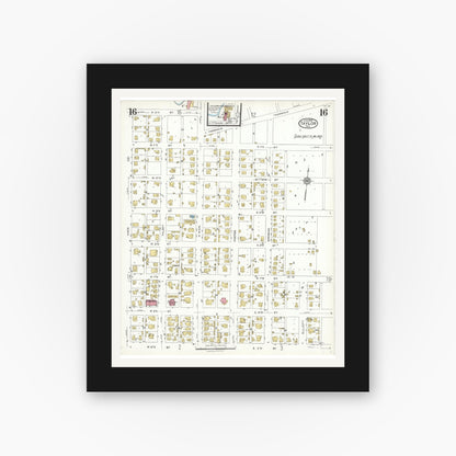 Old map wall art mockup — black gallery frame with white mat — Sanborn Fire Insurance Map from Taylor, Williamson County, Texas (1923), Sheet #0016