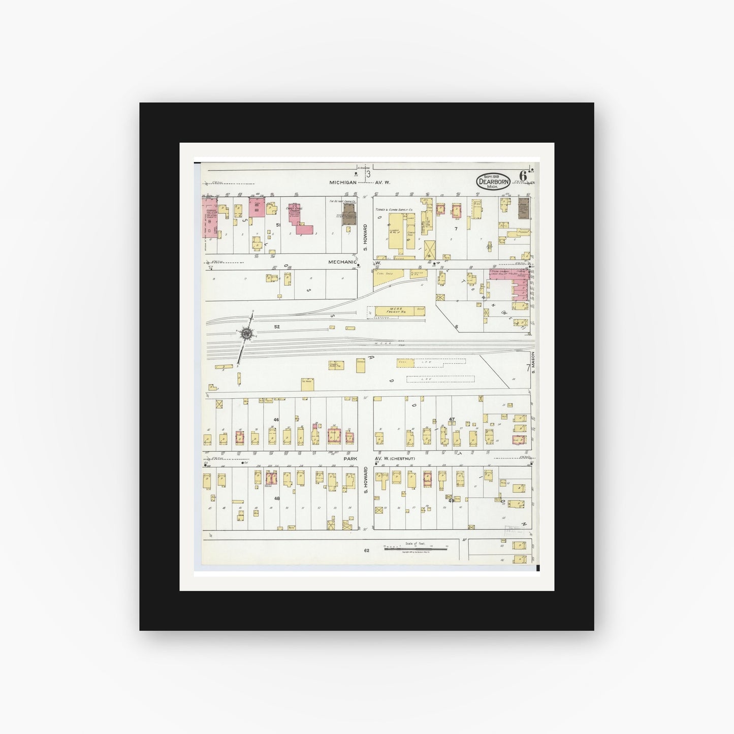 Old map wall art mockup — black gallery frame with white mat — Sanborn Fire Insurance Map from Dearborn, Wayne County, Michigan (1919), Sheet #0006