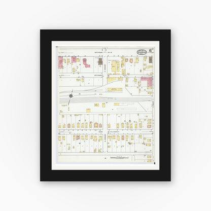 Old map wall art mockup — black gallery frame with white mat — Sanborn Fire Insurance Map from Dearborn, Wayne County, Michigan (1919), Sheet #0006