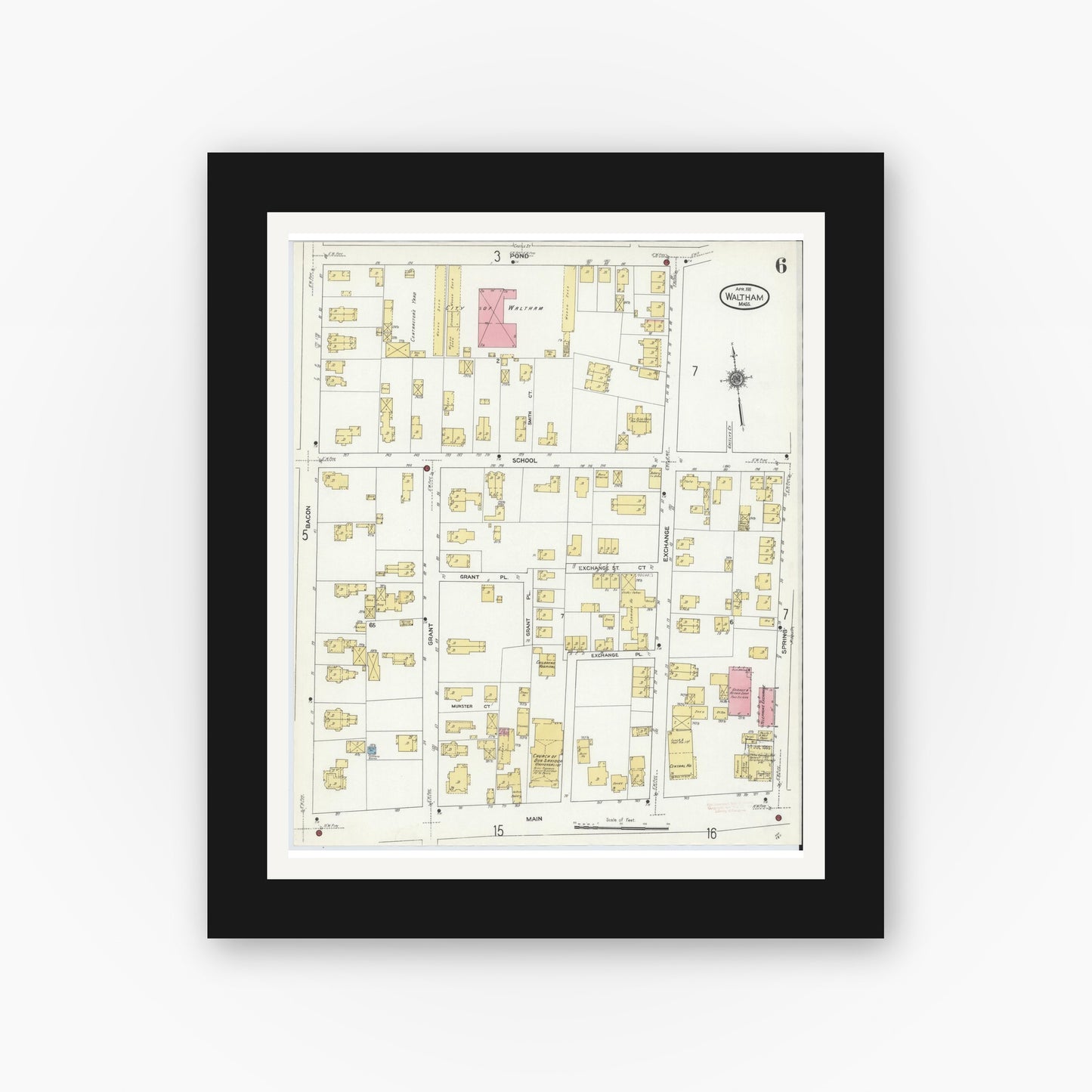 Old map wall art mockup — black gallery frame with white mat — Sanborn Fire Insurance Map from Waltham, Middlesex County, Massachusetts (1911), Sheet #0006