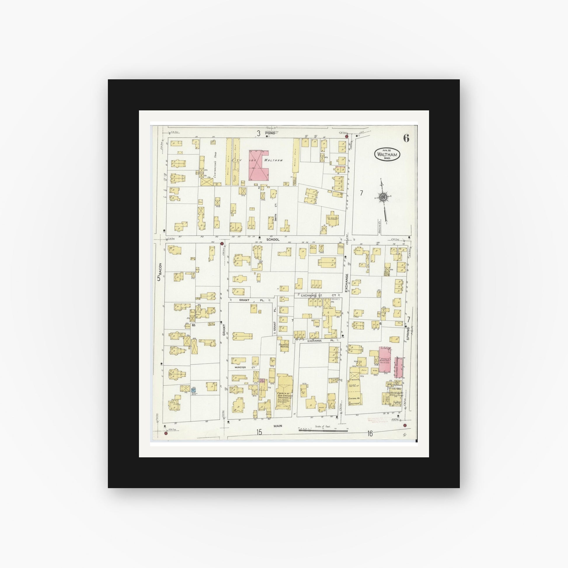Old map wall art mockup — black gallery frame with white mat — Sanborn Fire Insurance Map from Waltham, Middlesex County, Massachusetts (1911), Sheet #0006